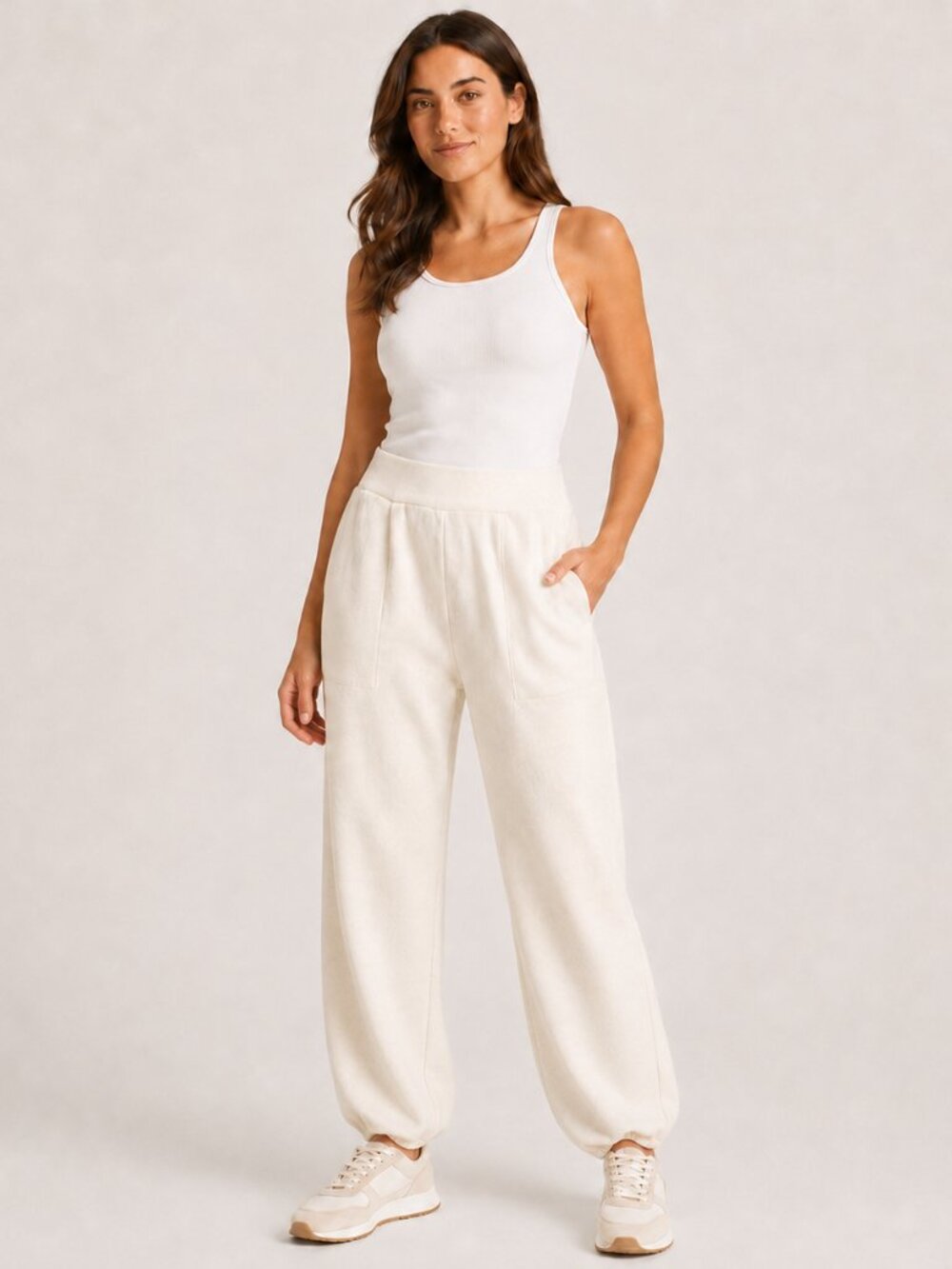 Unbranded Off White Pull On Knit Joggers High Waist Cozy Lounge Pants Sz Small